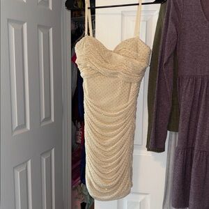 Bebe mini rhinestone gold skin tight Party dress. Junior size Small good shape